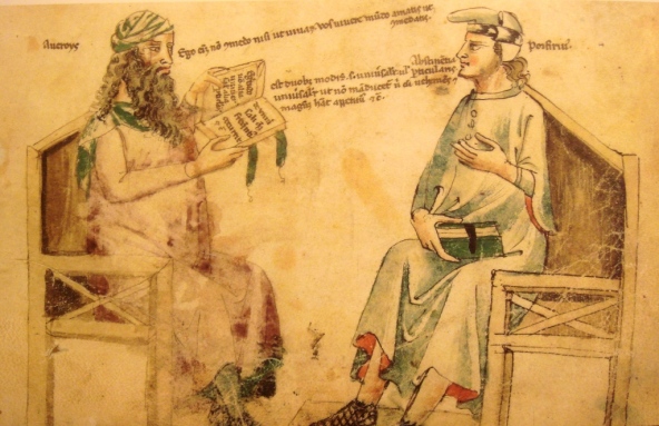 Disputa immaginaria tra Averroé e Porfirio - miniatura dal "Liber de herbis et plantis" di Manfredi di Monte Imperiale, Pisa, 1330-40 - Parigi, BnF.