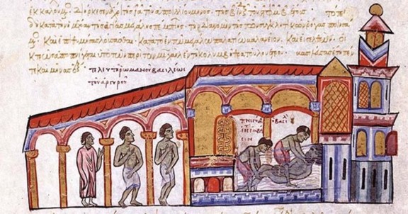 Assassinio dell'imperatore Romano III all'interno dei bagni - miniatura dal "Codex Skylitzes", Sicilia, III quarto del XII secolo - Madrid, Biblioteca Nacional de España.