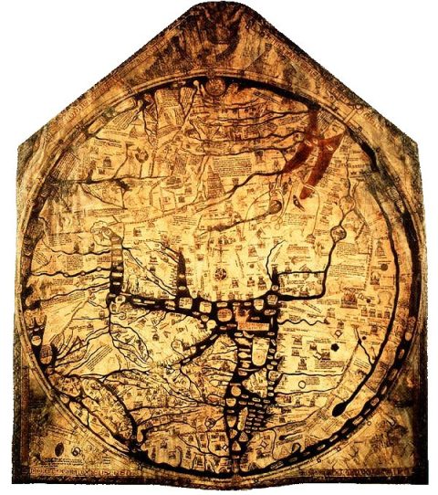 "Mappa Mundi" detta Hereford, basata sul modello di Isidoro di Siviglia, 1285 ca. - Hereford, biblioteca della cattedrale.