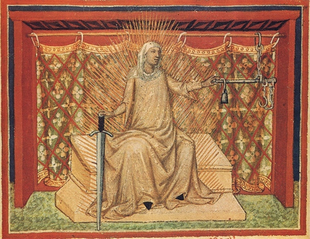 Le Virtù Cardinali: la Giustizia - miniatura dai "Documenti d'Amore" di Francesco da Barberino, 1314 - Roma, BAV.