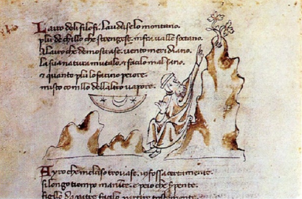 L'aria - miniatura dal Regimen Sanitatis, manoscritto napoletano di XIV sec. - Napoli, Biblioteca Nazionale.